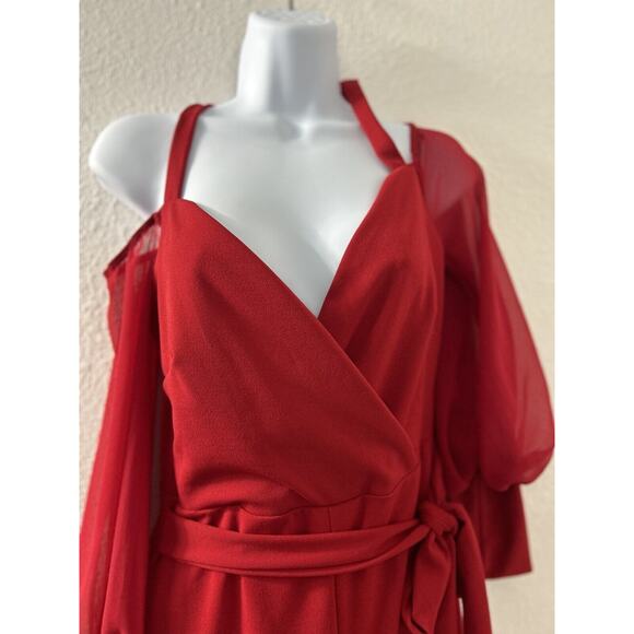 Fashion Nova Red Cold Shoulder Wide Leg Jumpsuit Belted Falling For Your Charm M - Picture 5 of 16